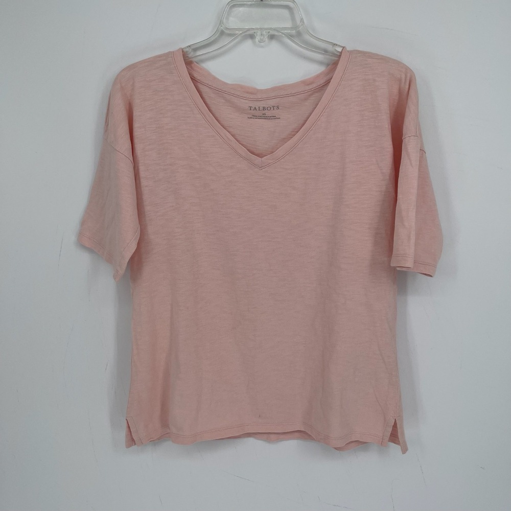 Talbots Women's Pink V-Neck Slub Knit Drop Shoulder Short Sleeve T-Shirt Size XS